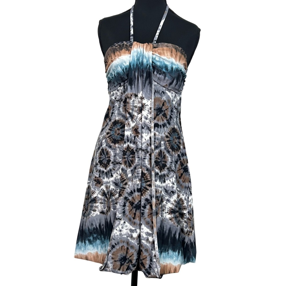 Y2K Women's Tie-Dye Babydoll Halter Dress Large Turquoise Brown Mini Boho Fairy